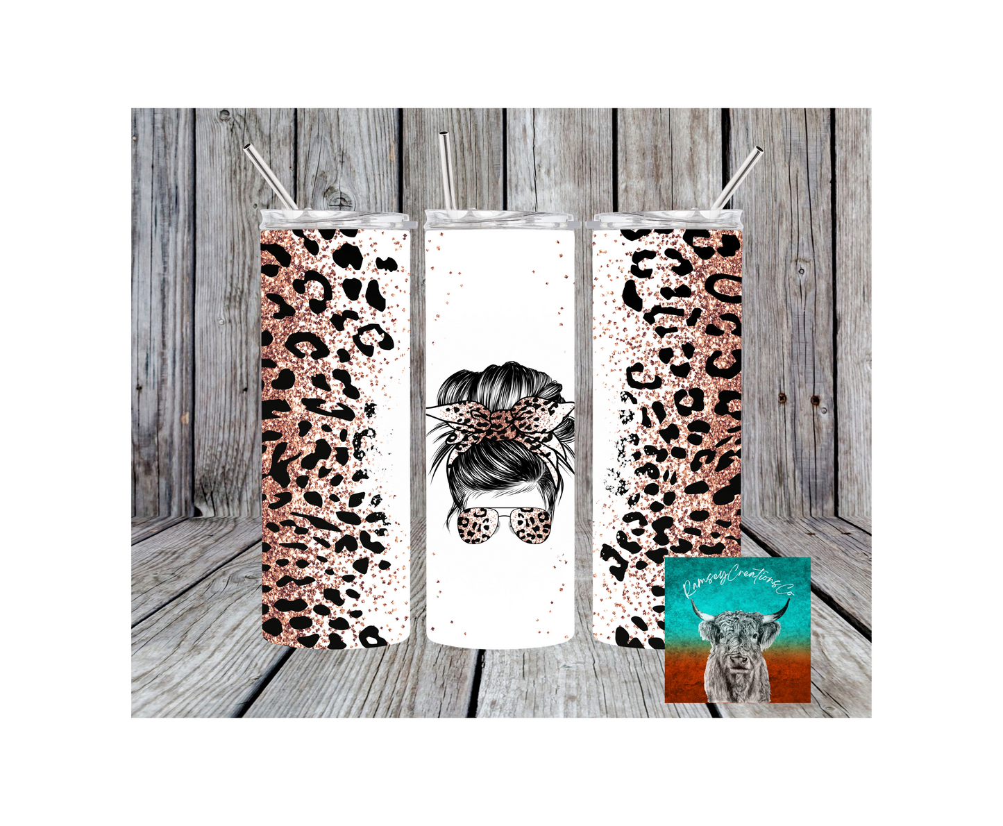 Rose Gold Cheetah Messy Bun Tumbler