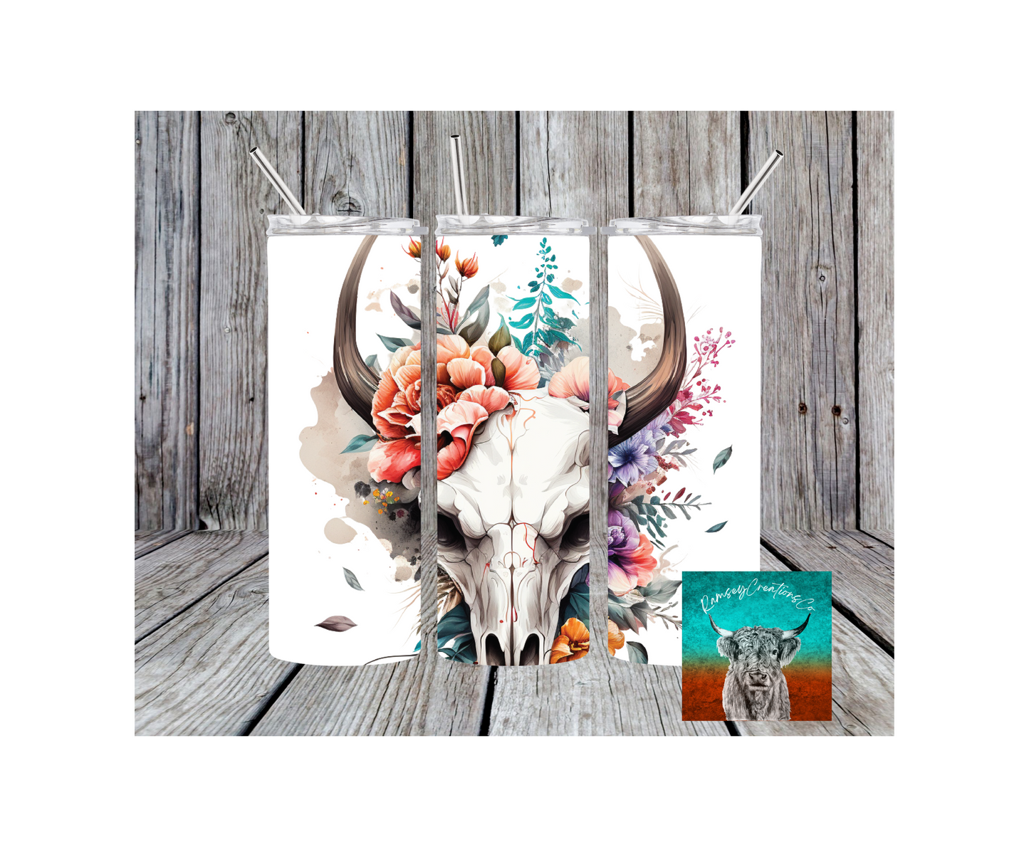 Floral Colorful Bull Skull Tumbler