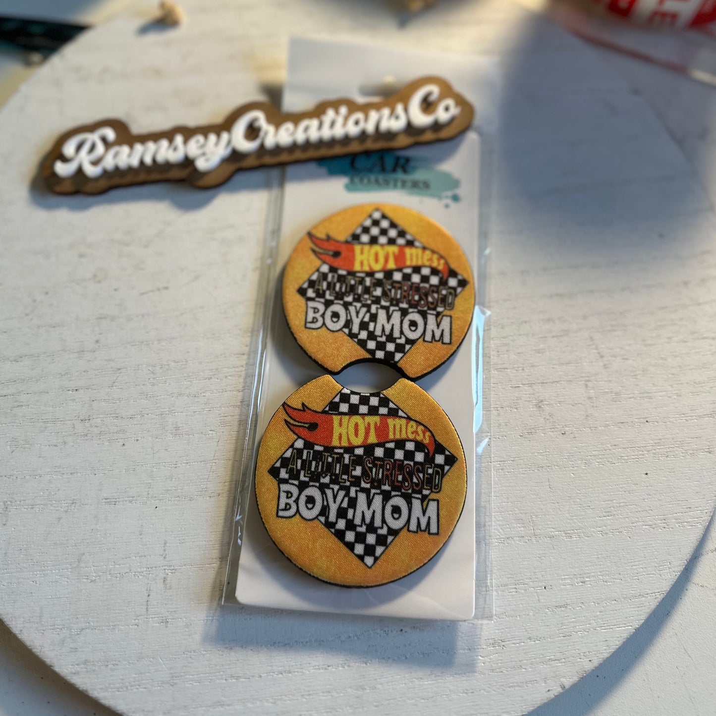 Hot Mess Boy Mom Car Coasters