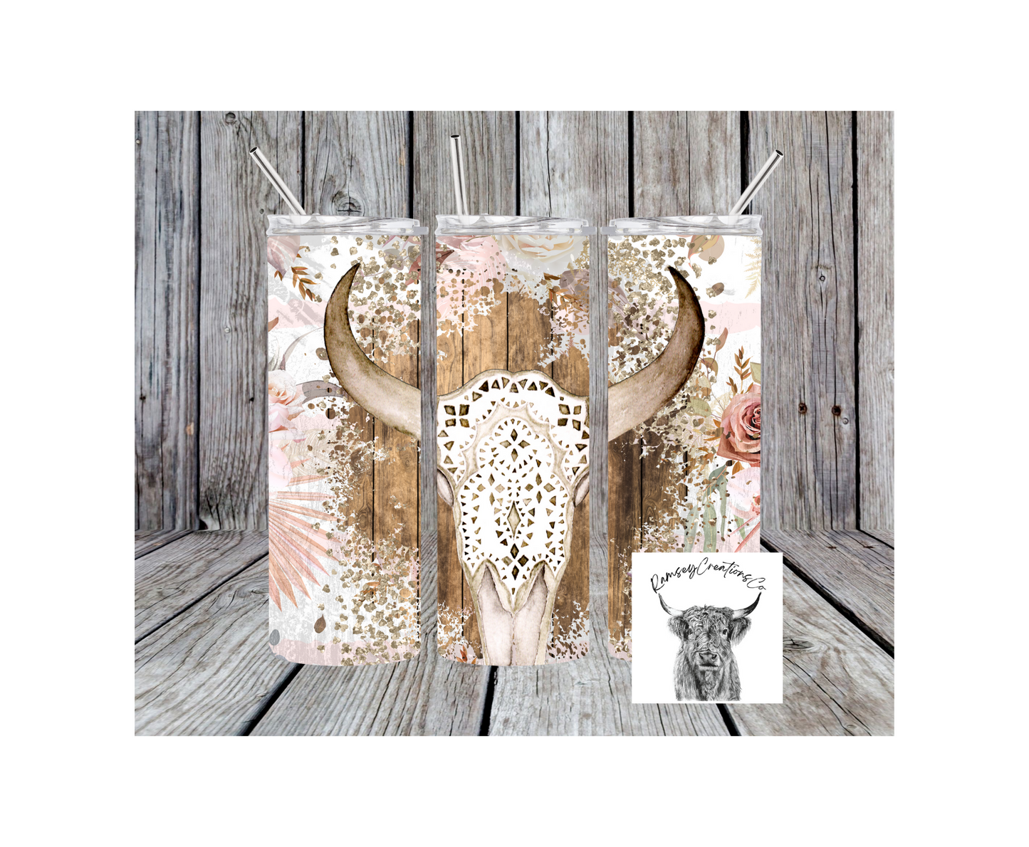 Floral Bull Skull Tumbler
