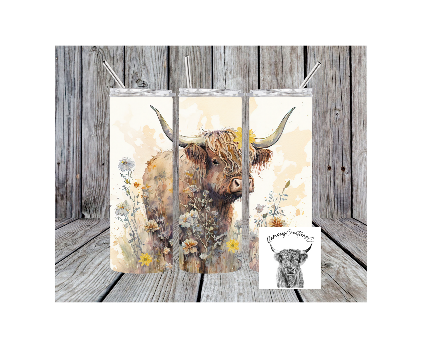 Floral Highland Cow Tumbler