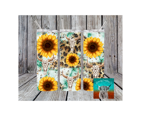 Teal Sunflower Boho Skull Tumbler