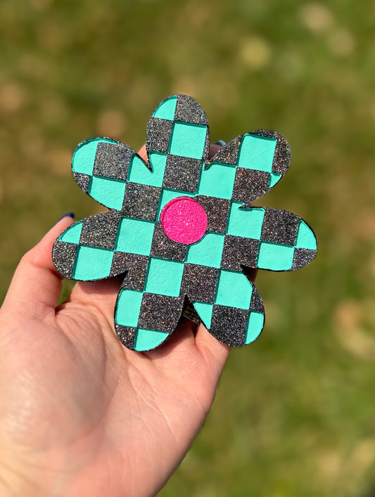 Teal Checkered Flower Freshie