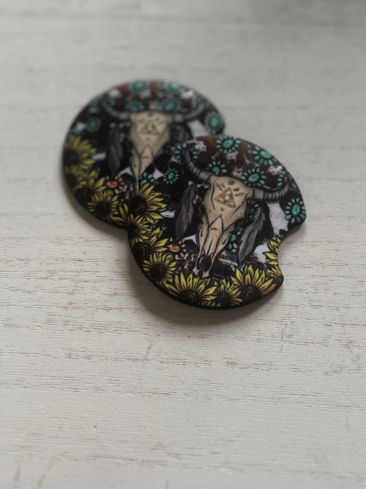 Bull skull & Sunflowers Car Coasters