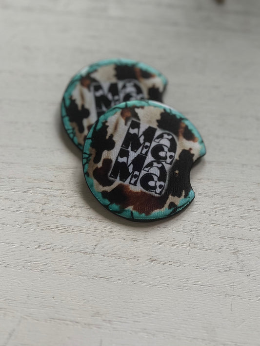 Cow Print Mama & Turquoise Car Coasters